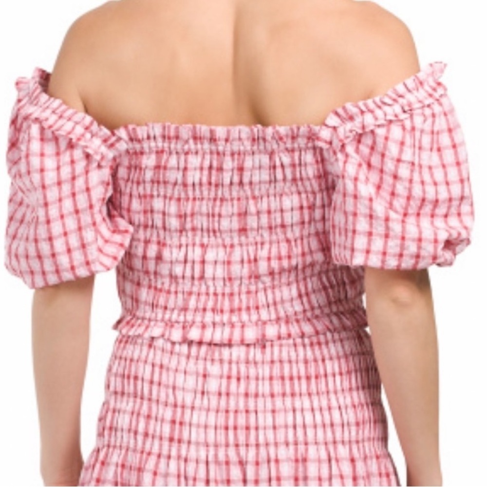 English Factory NEW Check Smocked Puff Sleeve Top Size Large Pink/Red - Picture 2 of 15